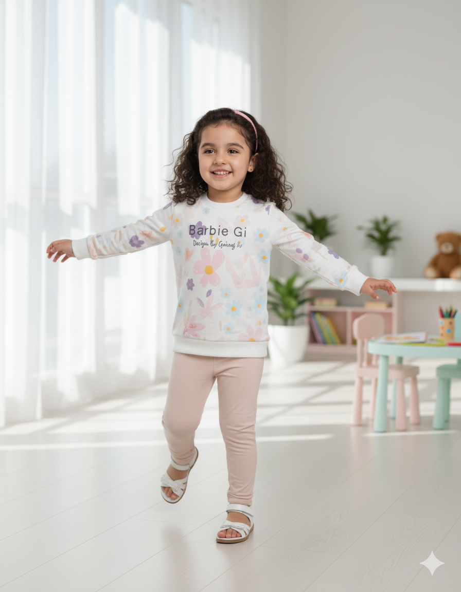 Barbie Girl Floral Printed Fleece Suit for Girls | Cozy Winter Sweatshirt & Trouser Set