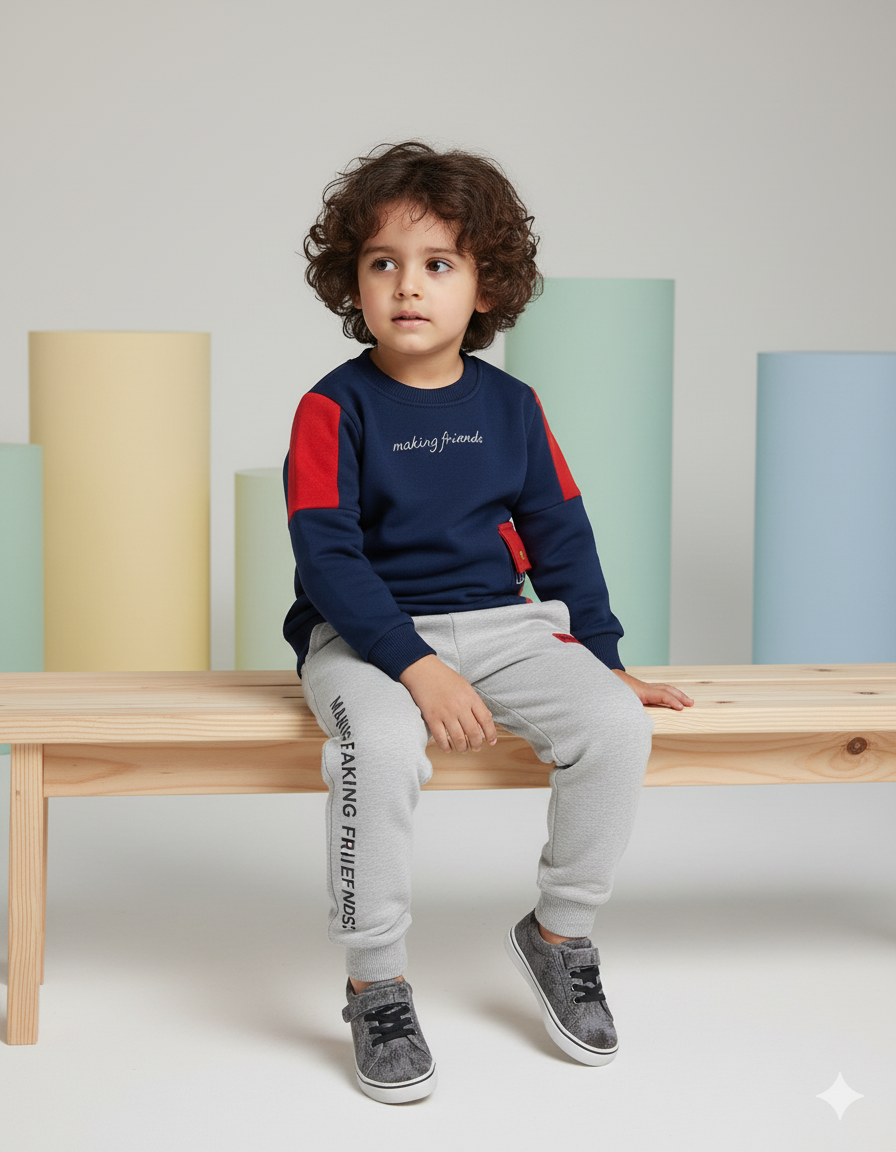 Making Friends” Boys Winter Tracksuit | Navy & Grey Fleece Sweatshirt and Trouser