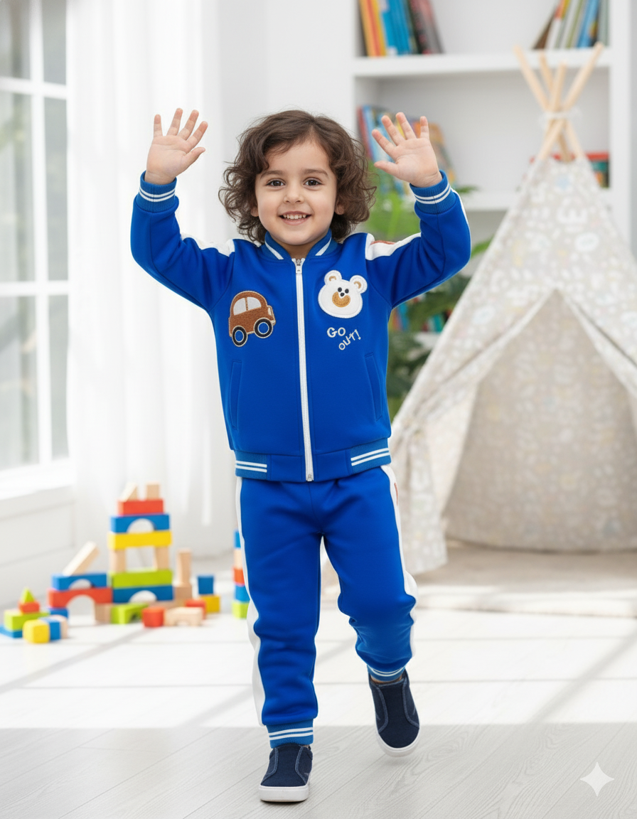trendy Blue Car & Bear Tracksuit for Boys | Winter Fleece Zipper Jacket Set