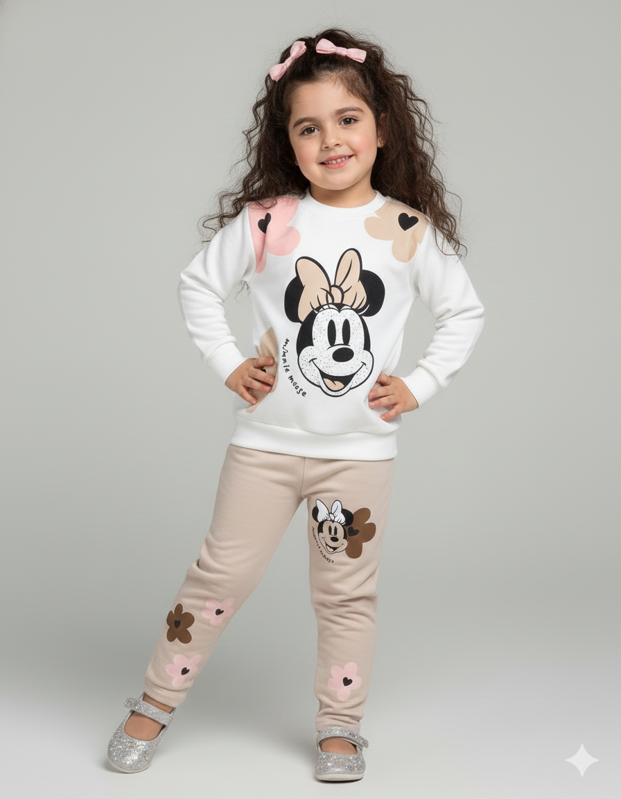 Minnie Mouse Girls Winter Tracksuit – Cute Floral Printed Sweatshirt & Trouser Set