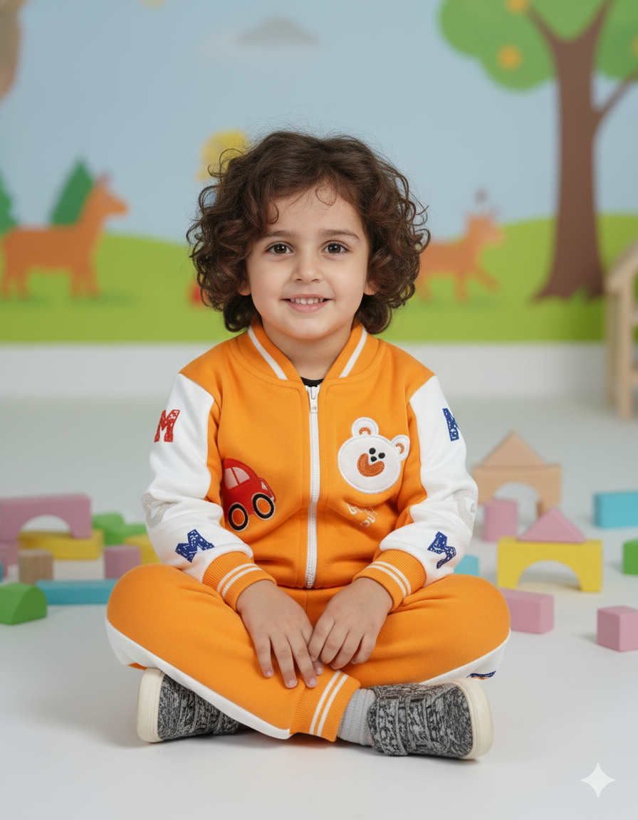 Stylish Yellow Car & Bear Tracksuit for Boys | Warm Fleece Zipper Jacket Set