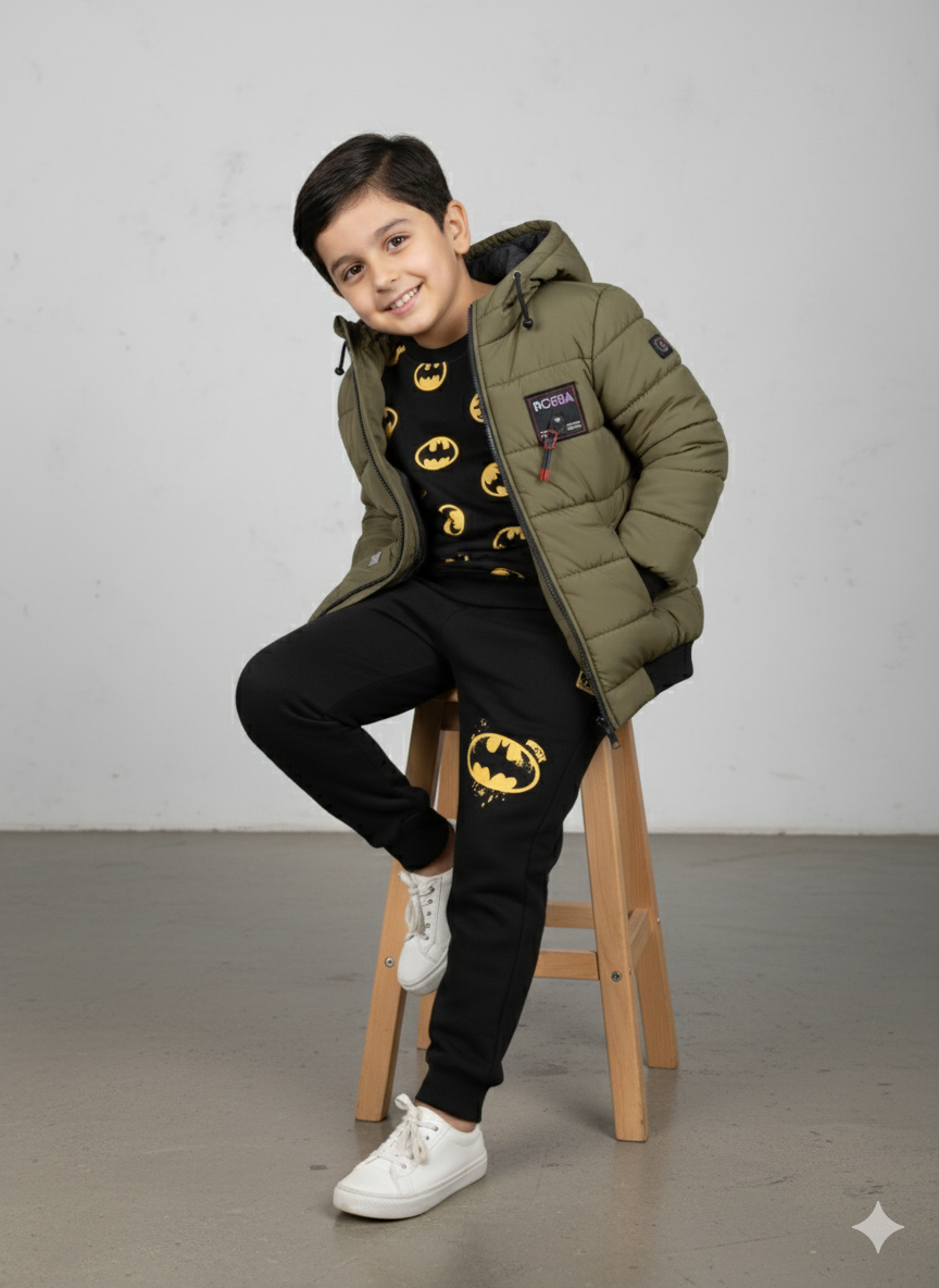Boys Olive Green Winter Puffer Jacket with Hood| Warm & Stylish Quilted Coat for Kids