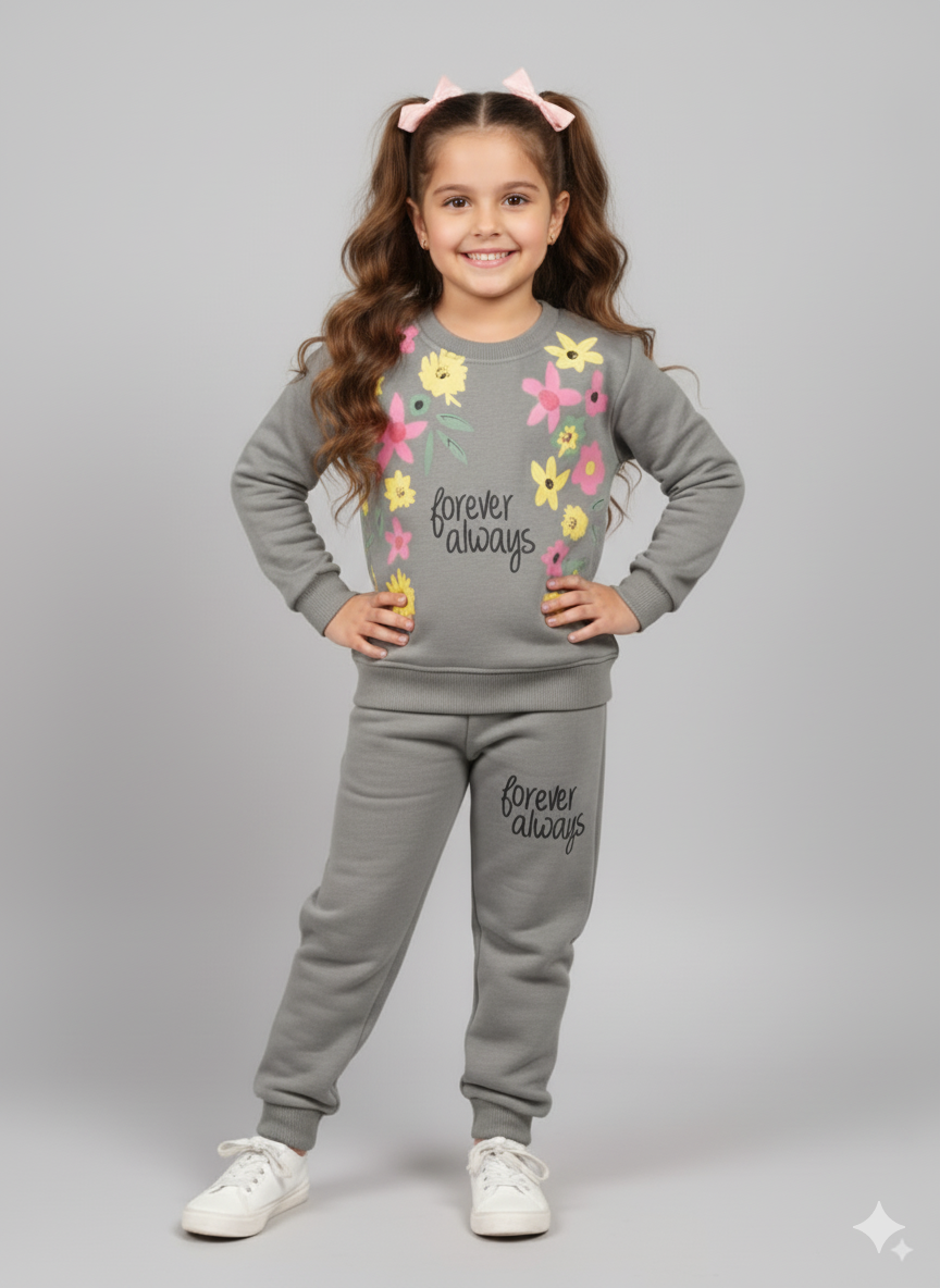 Girls Grey Tracksuit Set | Floral Printed fancy winter Outfit