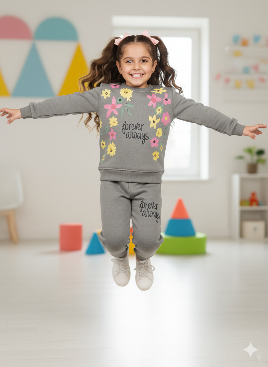 Girls Grey Tracksuit Set | Floral Printed fancy winter Outfit