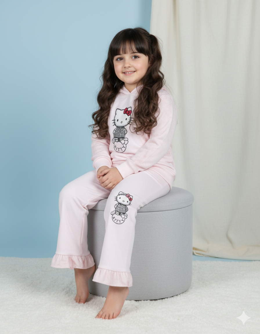 Hello Kitty Pink Marble Printed Hoodie & Trouser Set for Girls – Terri plazo Winter Outfit