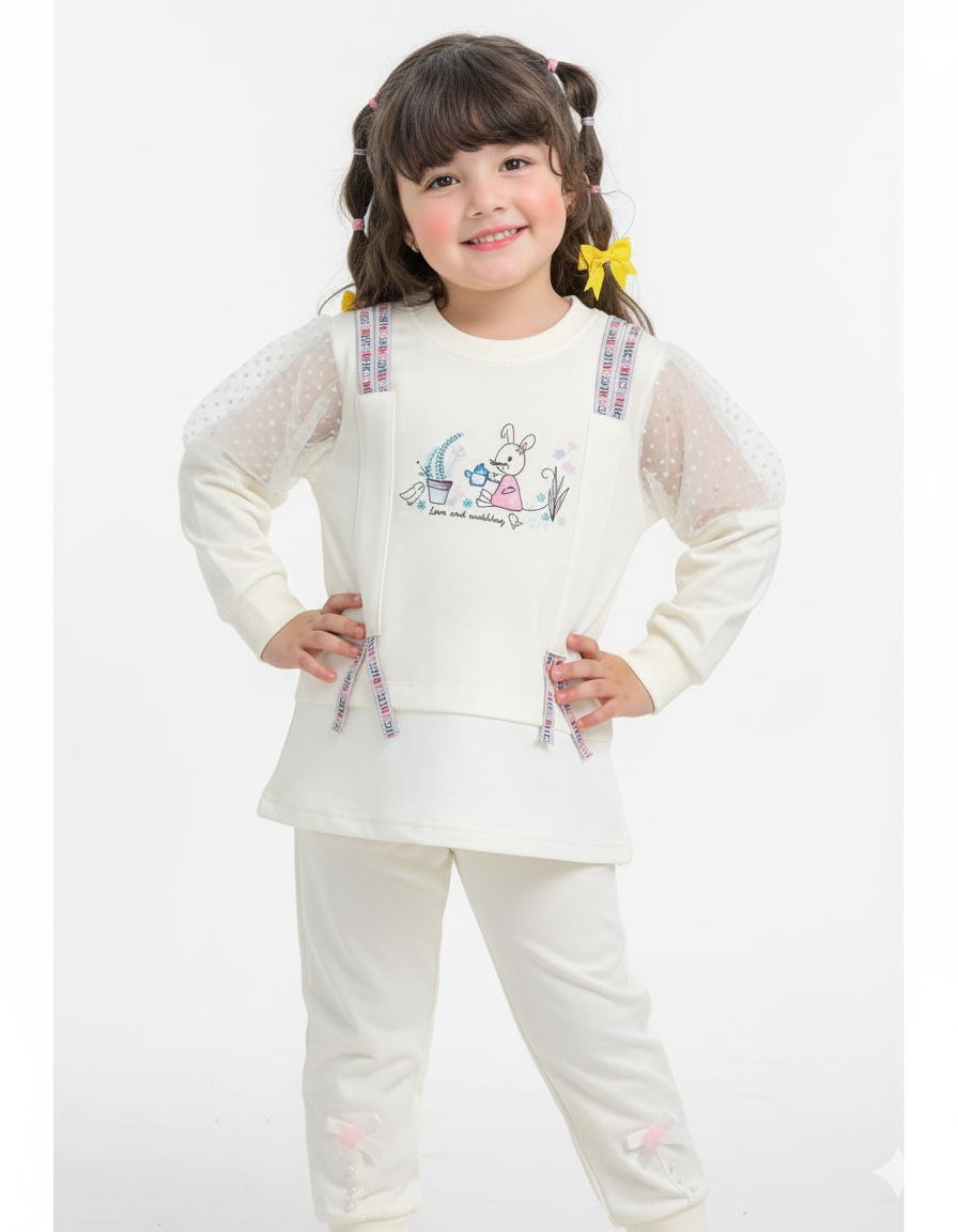 Girls White Fancy Pre-Winter Trendy Set | Cute Bunny Print Outfit with Stylish