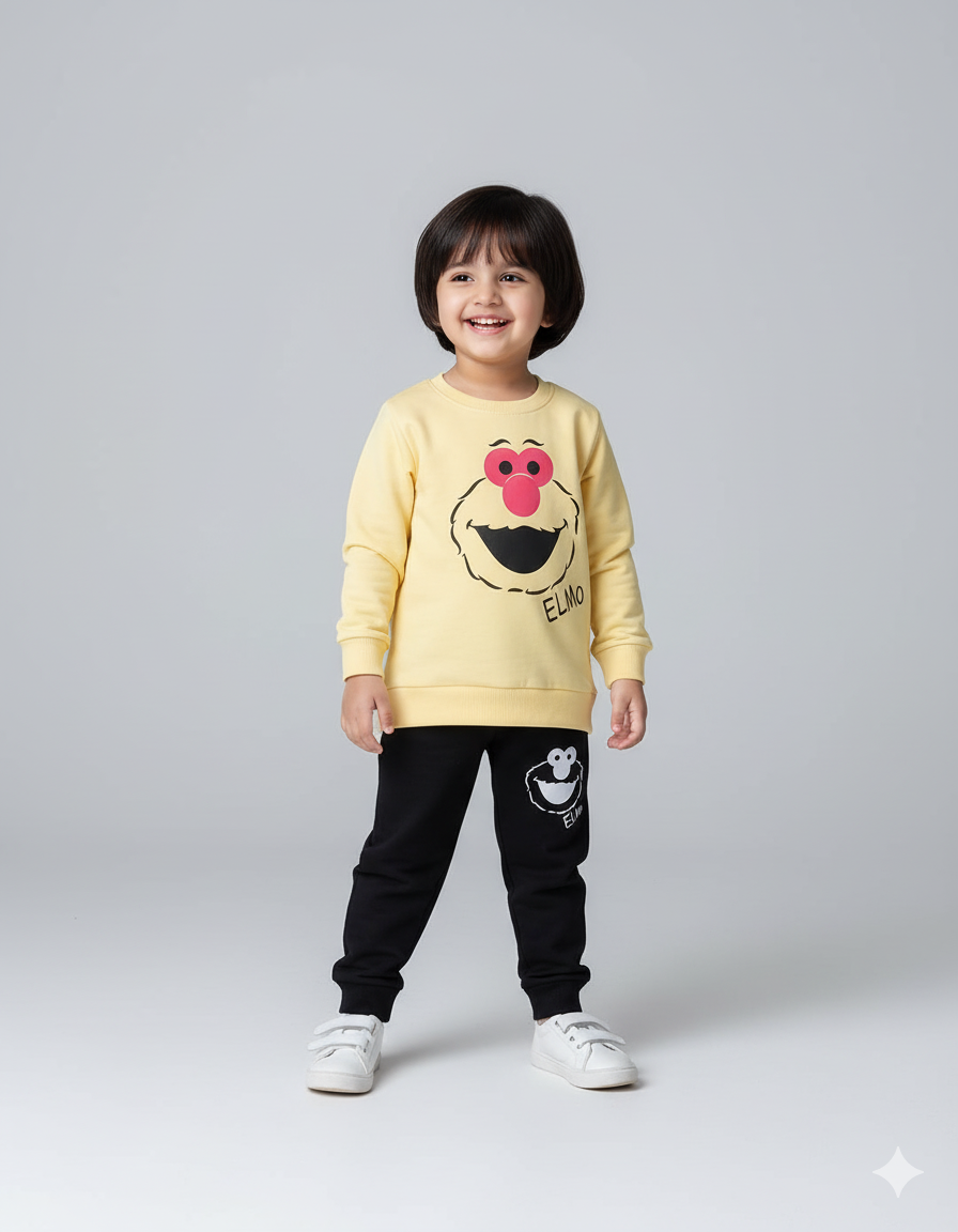 Kids Yellow Elmo Sweatshirt & Black Jogger Set | Winter Outfit for Boys & Girls