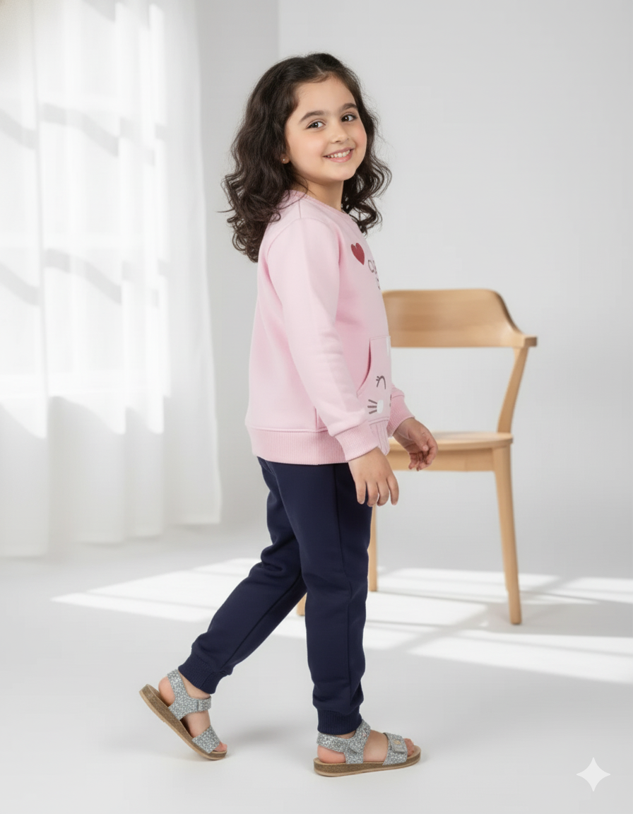 Clever Cat Winter Tracksuit for Girls – Pink Sweatshirt & Navy Blue pant Set 🐱✨