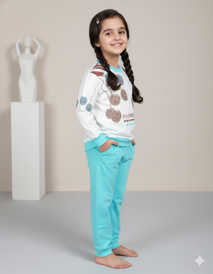 Tari fabric Floral Print Girls Winter Suit | Stylish Blue & White Sweatshirt and Trouser Set
