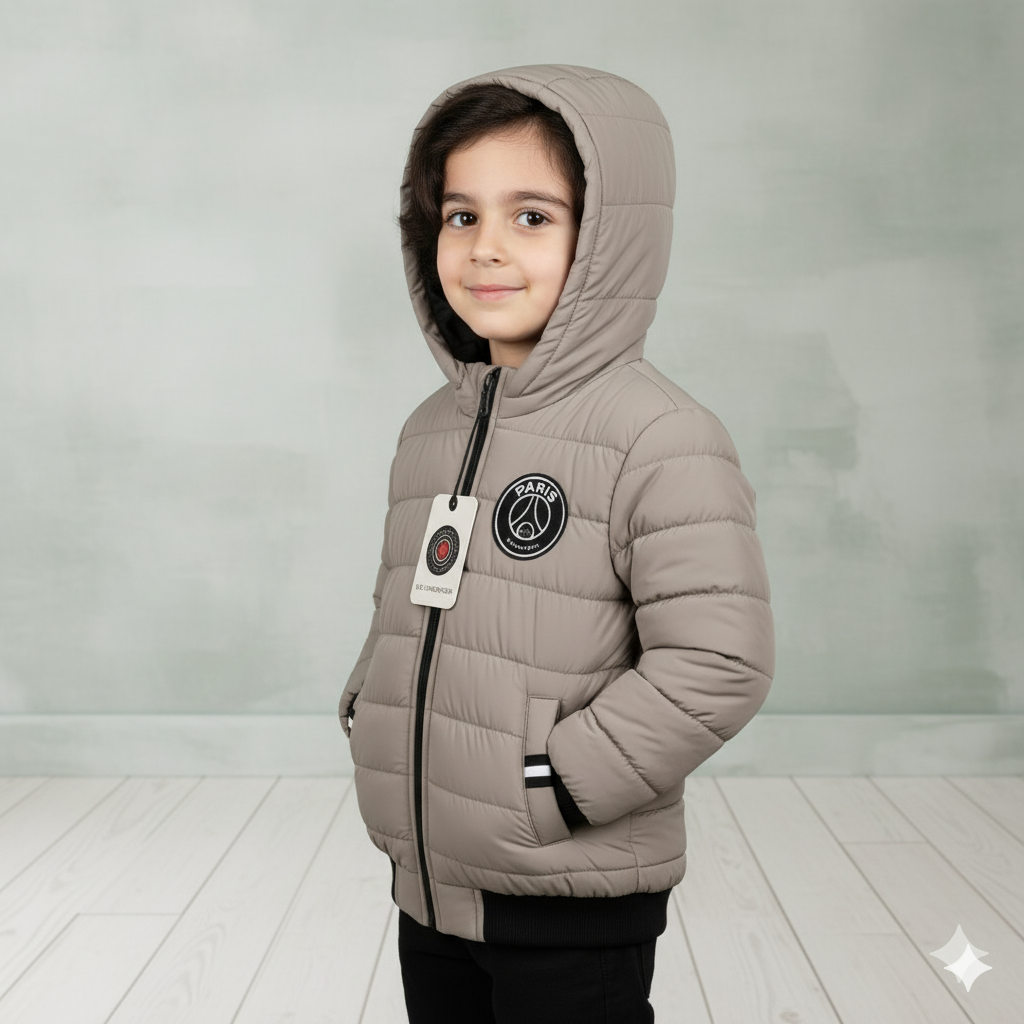 Boys Light Grey Puffer Jacket with Hood | Paris Embroidered Design