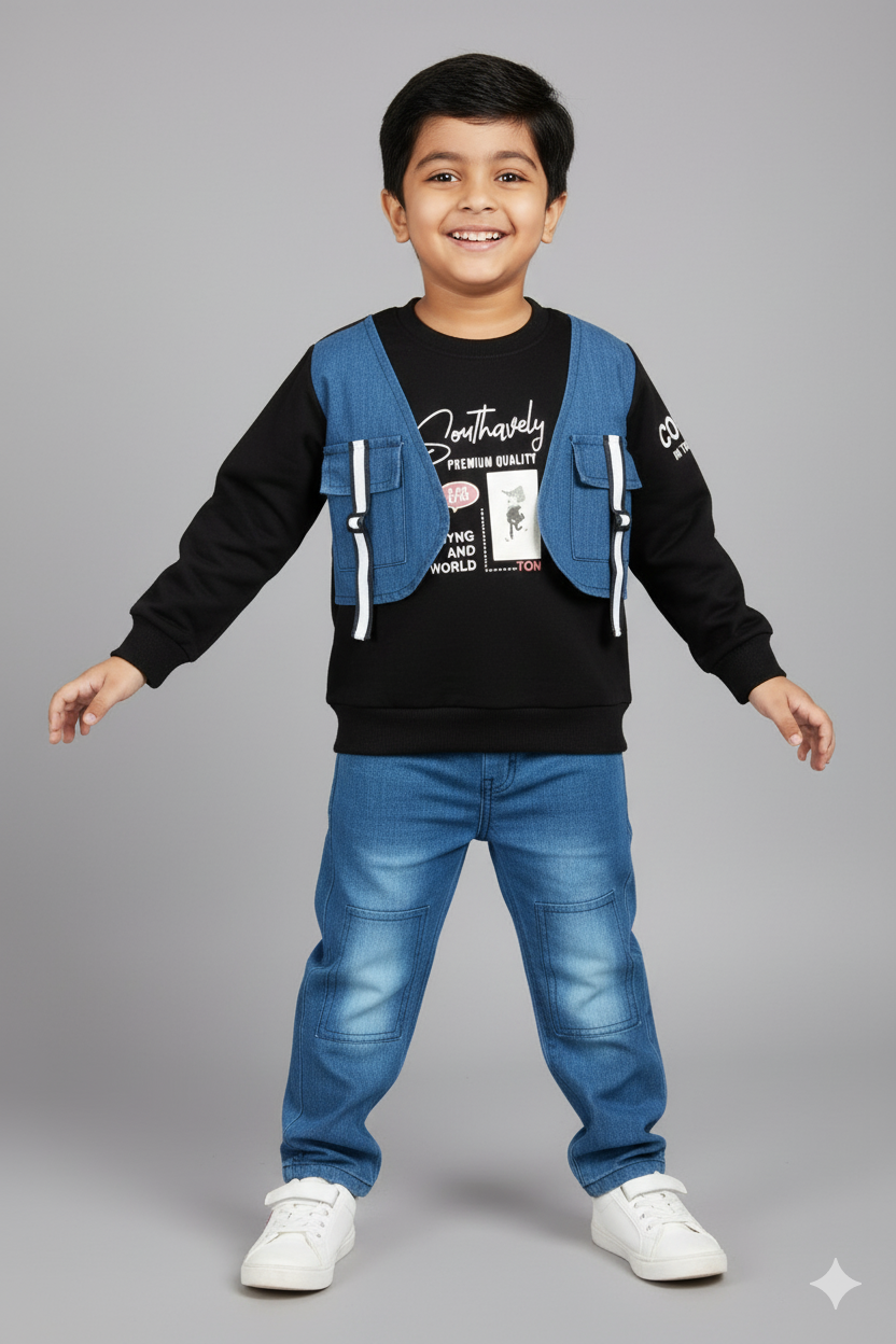 Boys Black Sweatshirt light weight tari fabric | Stylish Winter Outfit with Graphic Print