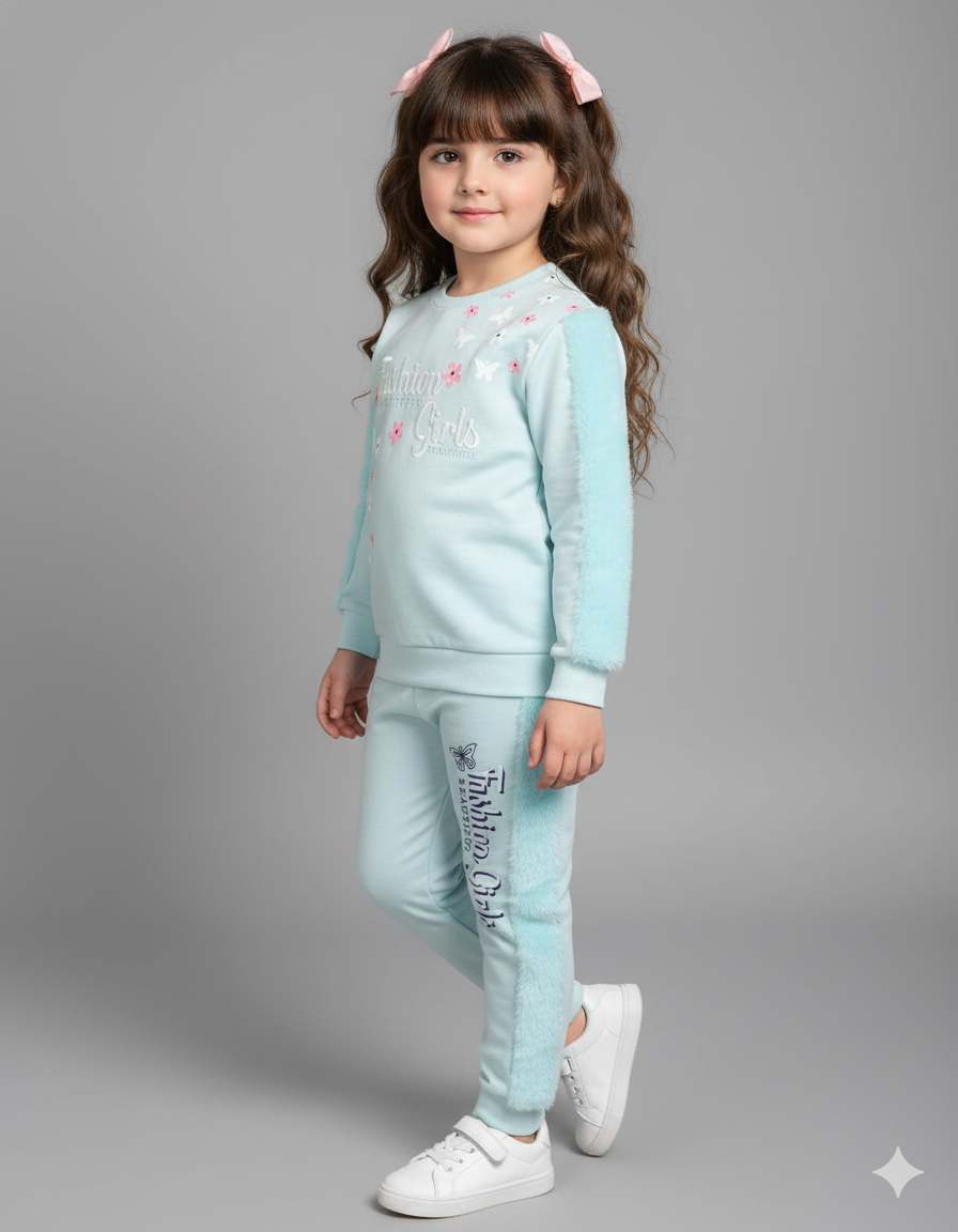 Sky Blue Two-Piece Outfit with 3D Floral Embroidery & Soft Fur Detailing