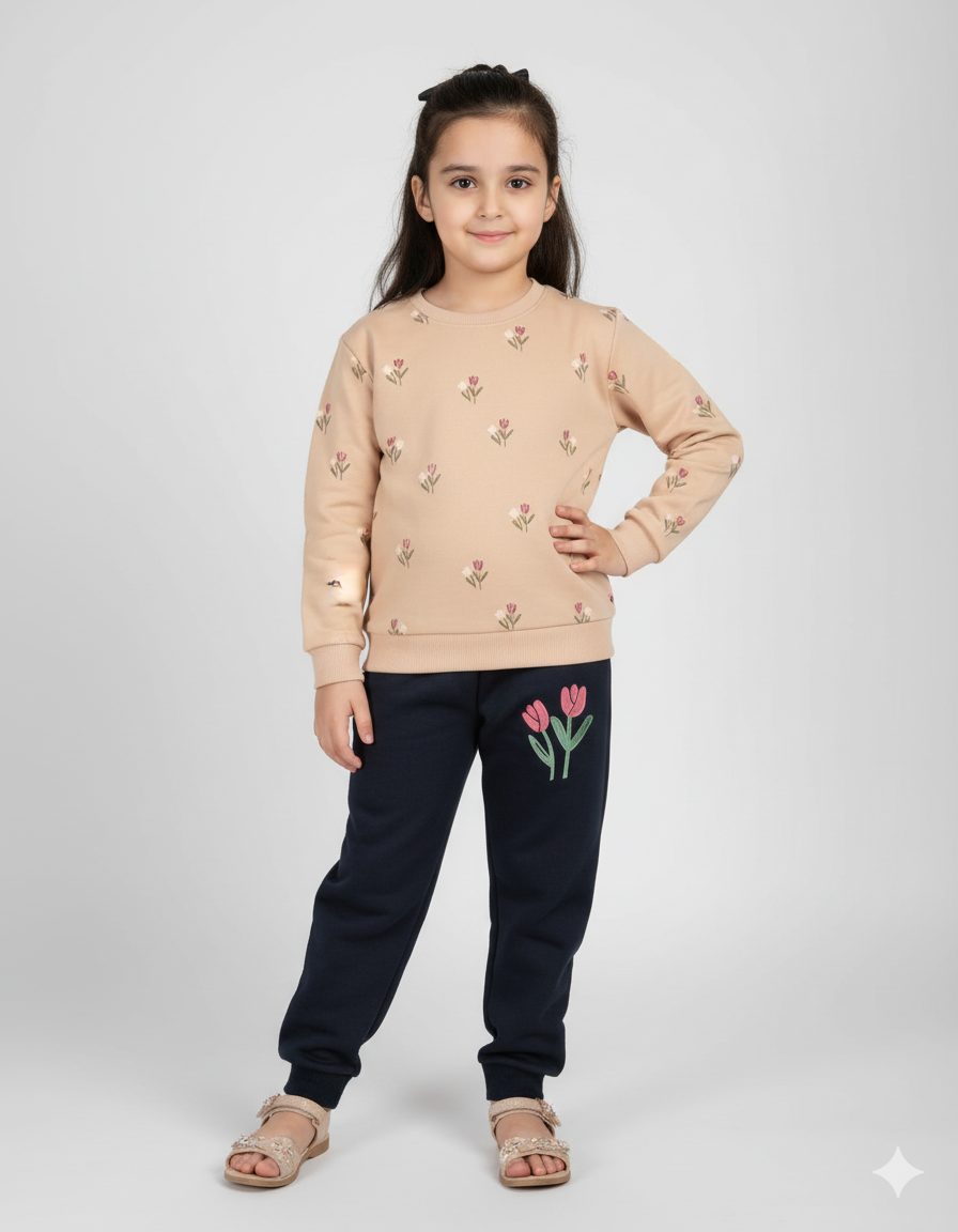 Kids Peach Sweatshirt & Black Jogger Set | Winter Outfit for Girls