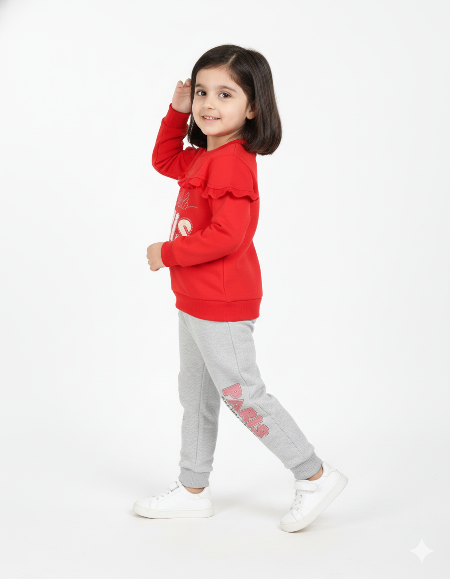 Stylish “Paris Originals” Red Winter Sweatshirt & Grey Set for Girls