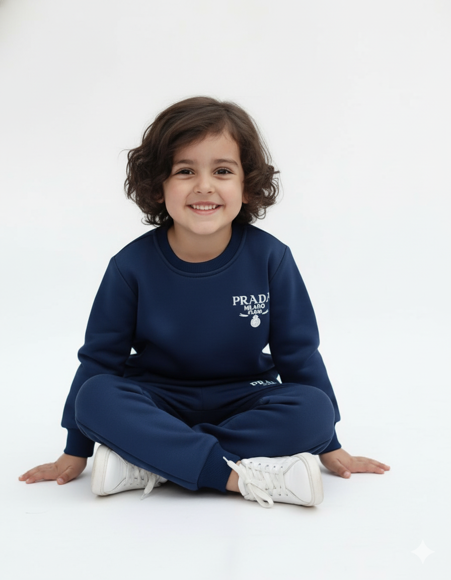 Navy Blue “Prada Milano” Winter Tracksuit for Boys | Premium Fleece Sweatshirt Set