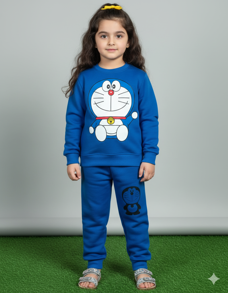 Doraemon Printed Kids Winter Sweatshirt & Trouser Set – Warm Fleece Outfit (Blue Color)