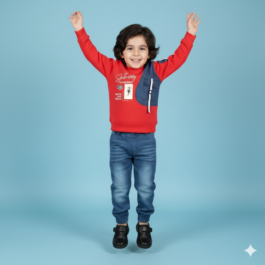 Boys Red Pre-Winter Shirt & Blue Denim Set | Stylish Winter Outfit with Graphic Print