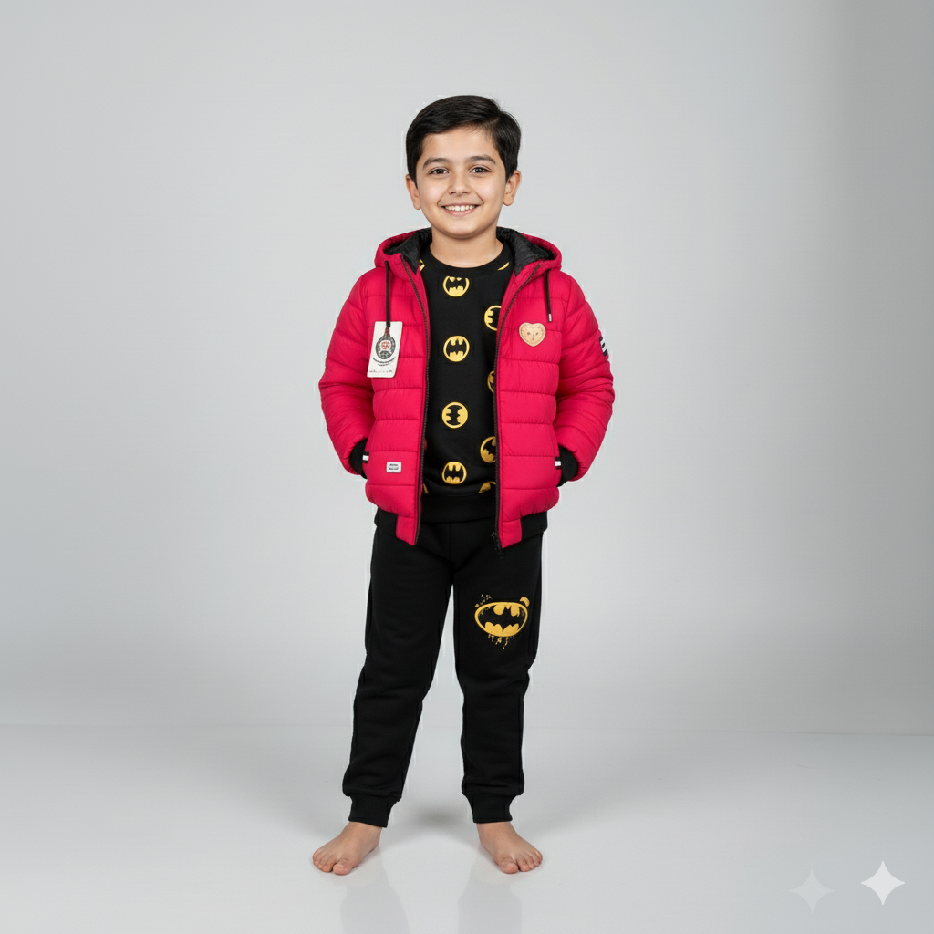 Kids Red Winter Puffer Jacket with Hood – Warm Quilted Coat for Boys & Girls