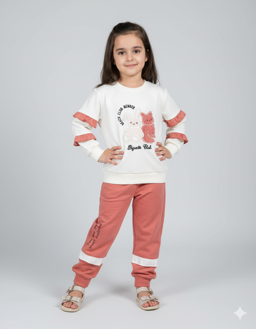 Bunny & Cat Design Girls Winter Pre-Winter Stylish Trendy Set | White & Peach Outfit