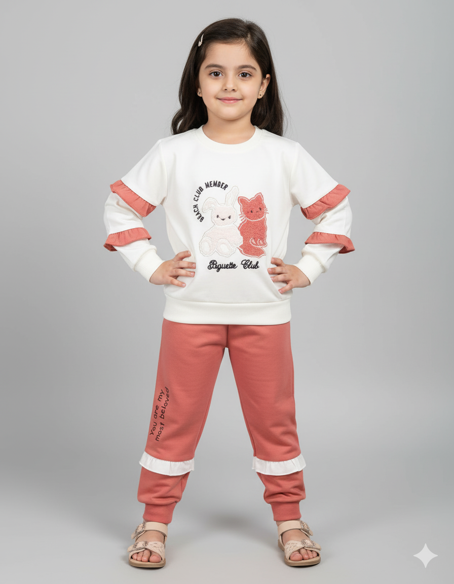 Bunny & Cat Design Girls Winter Pre-Winter Stylish Trendy Set | White & Peach Outfit