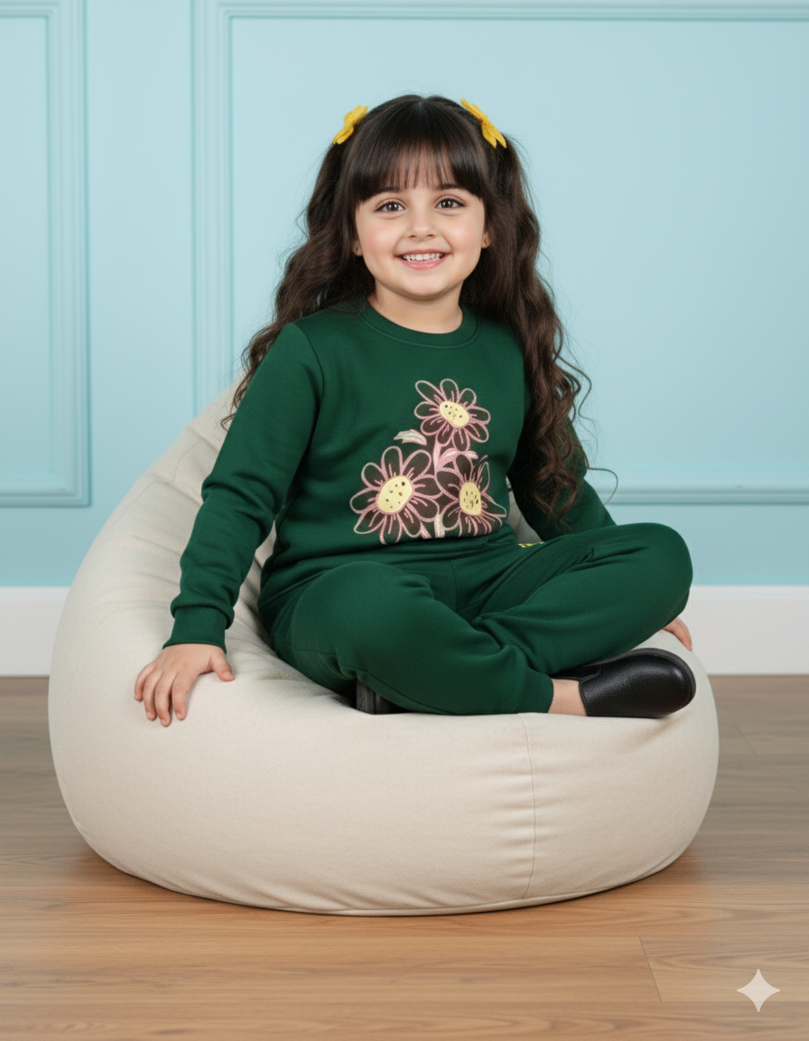 Kids Dark Green Sweatshirt & Jogger Set | Winter Outfit for Girls