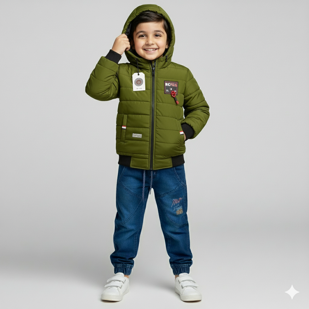 Boys Olive Green Puffer Jacket with Hood | Warm lightweight Quilted Winter Coat