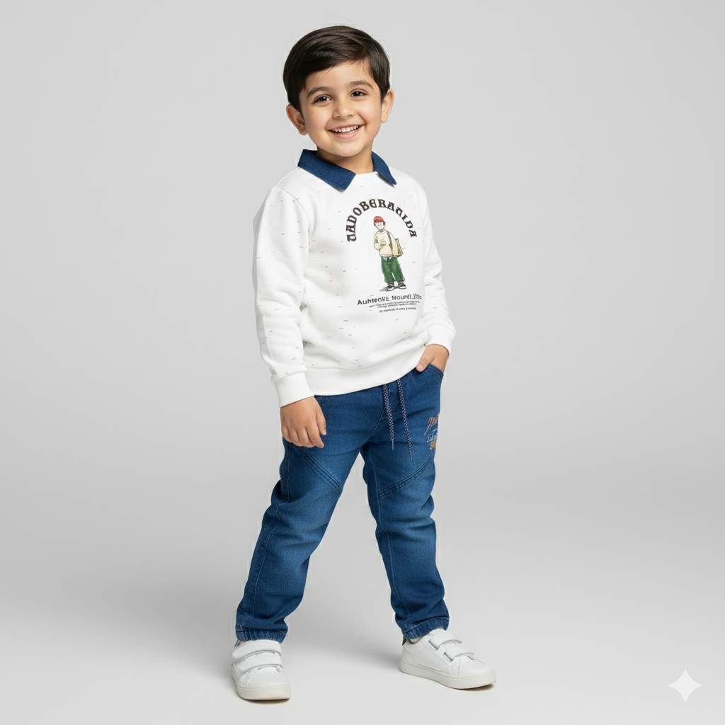 Boys Denim Light Weight Jeans & White Pre-Winter Set | Casual Wear Outfit for Kids