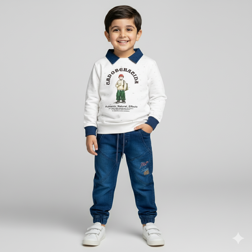 Boys Denim Light Weight Jeans & White Pre-Winter Set | Casual Wear Outfit for Kids
