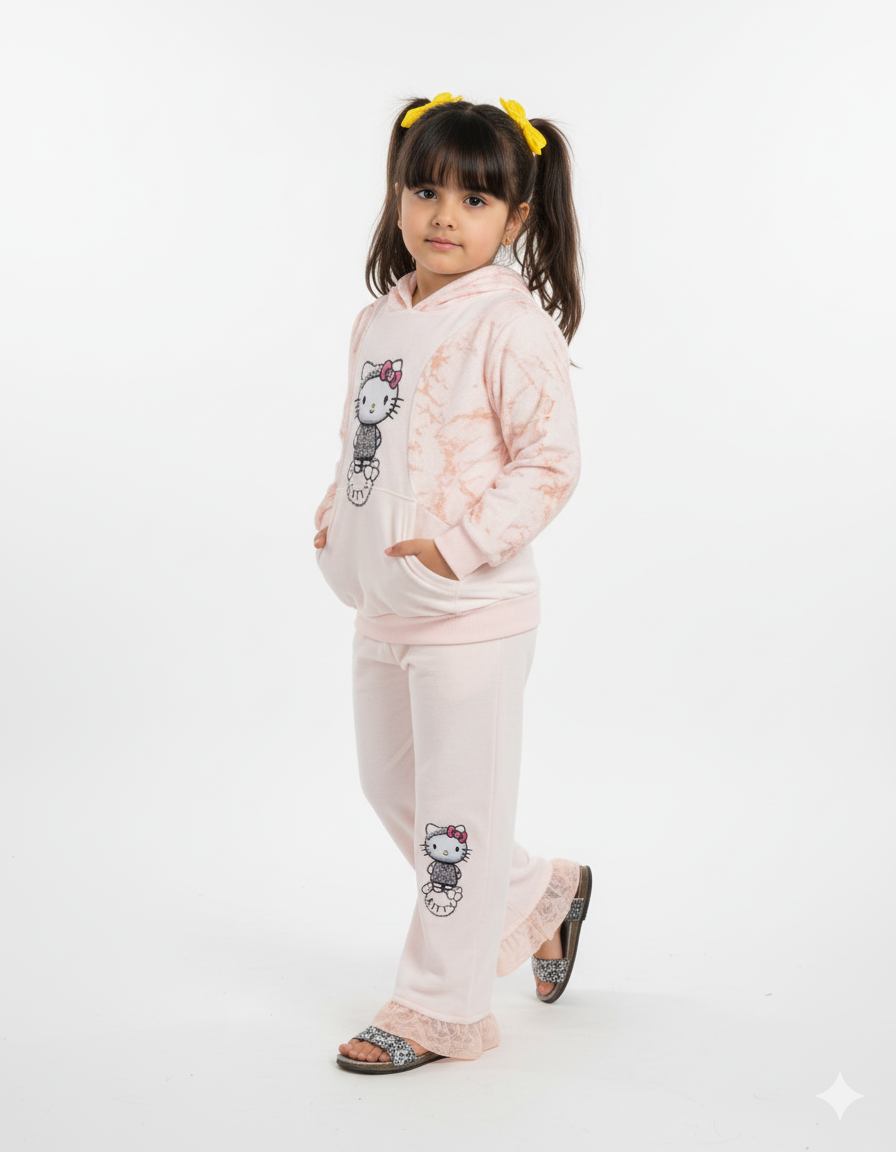 Cute Hello Kitty Girls Hoodie terri fabric Set – Light Peach Printed Fleece Outfit with Frill Bottom