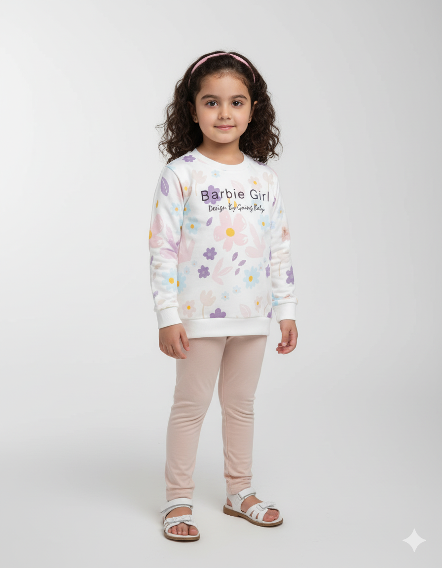 Barbie Girl Floral Printed Fleece Suit for Girls | Cozy Winter Sweatshirt & Trouser Set
