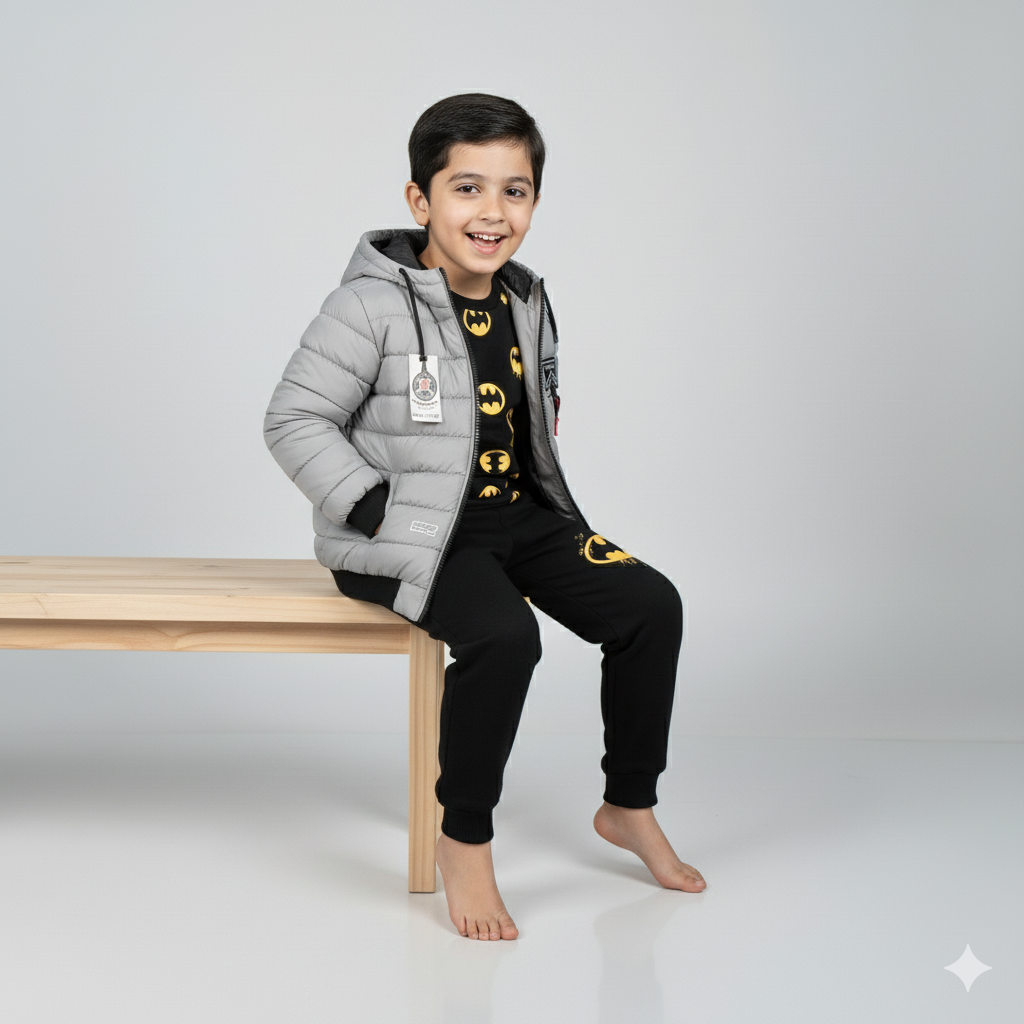 Boys Grey Winter Puffer Jacket with Hood | Lightweight Warm Quilted Coat
