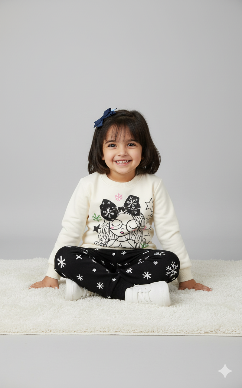 Girls Outfit for Winter Sweatshirt & Jogger Set | Pretty Girl Print White Sweatshirt with Black Snowflake Pants