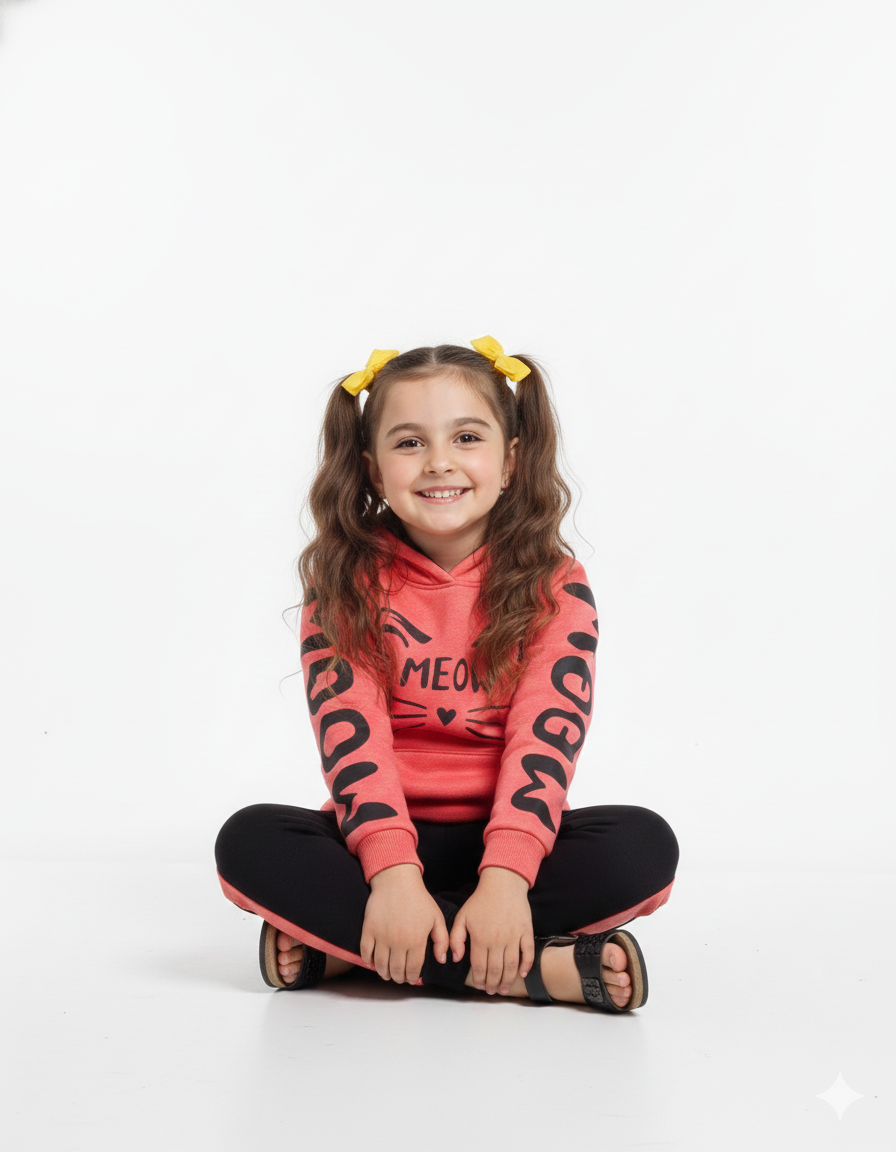 Girls Meow Cat Hoodie Tracksuit – Pink Hooded Sweatshirt & Black Pants Set