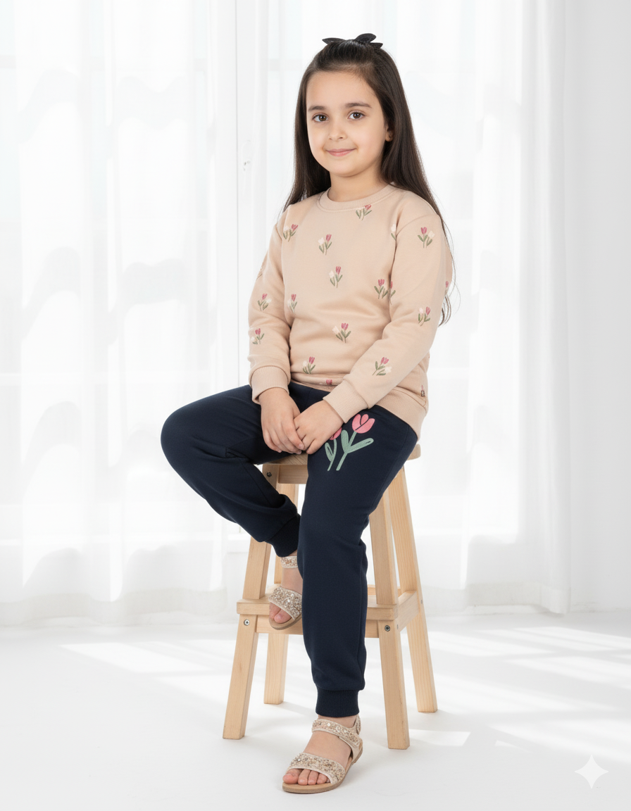 Kids Peach Sweatshirt & Black Jogger Set | Winter Outfit for Girls