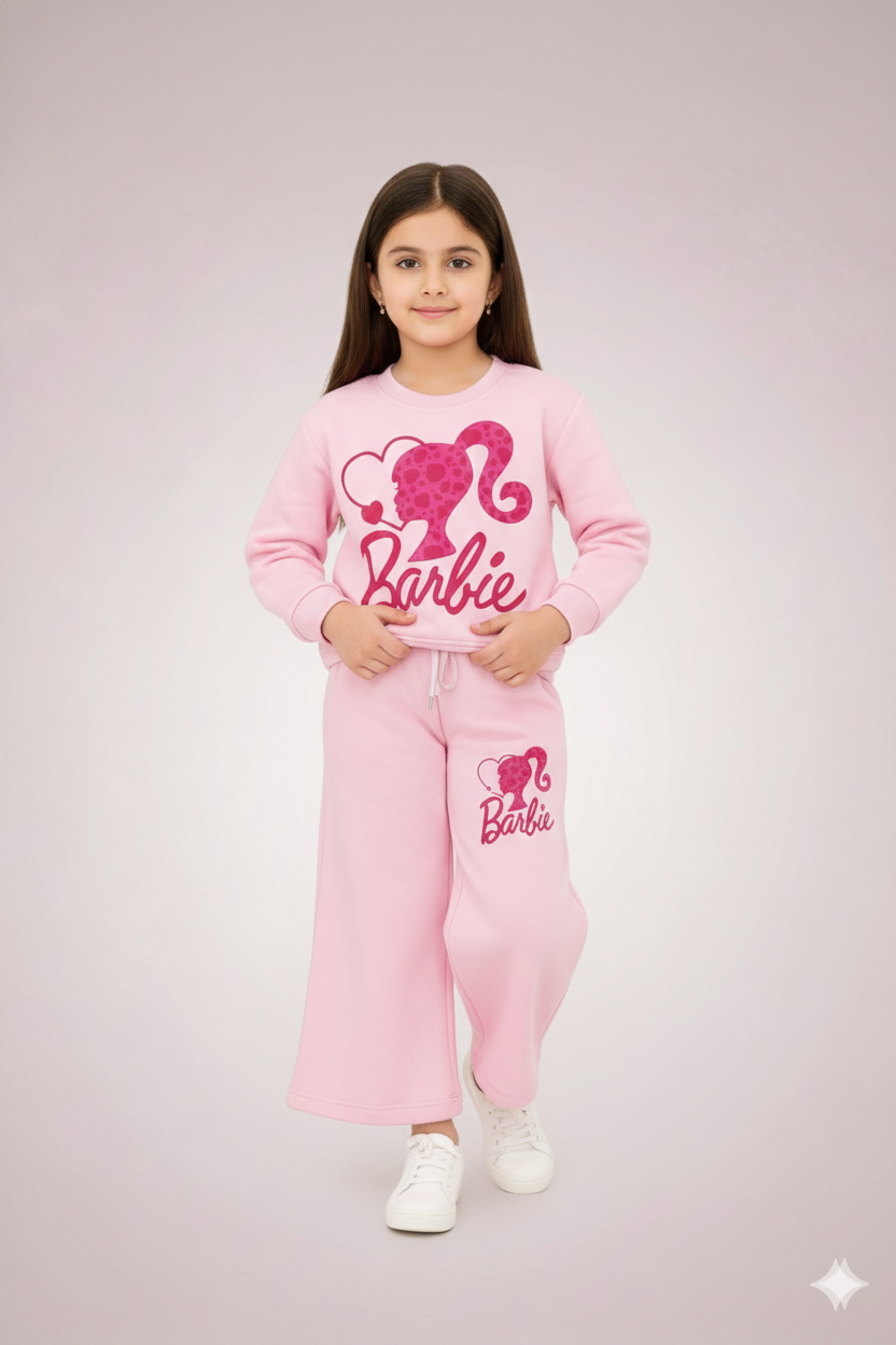 Girls Barbie Printed Winter Tracksuit | Soft Fleece Sweatshirt & Wide-Leg Trousers (Pink)