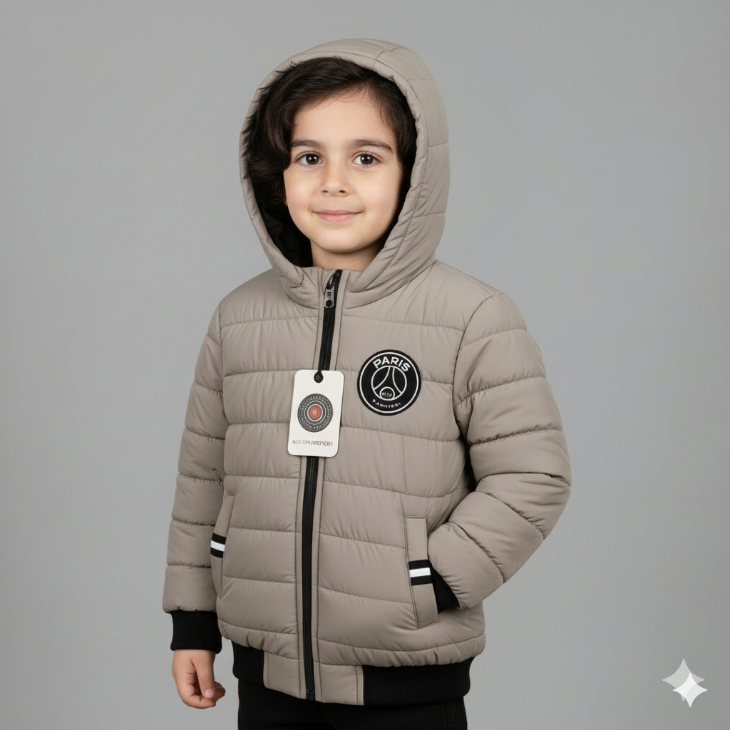 Boys Light Grey Puffer Jacket with Hood | Paris Embroidered Design