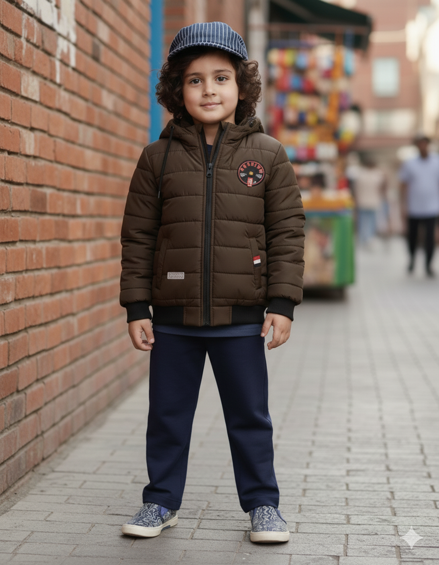 Boys Brown Winter Puffer Jacket with Hood | Warm Quilted Coat for Kids