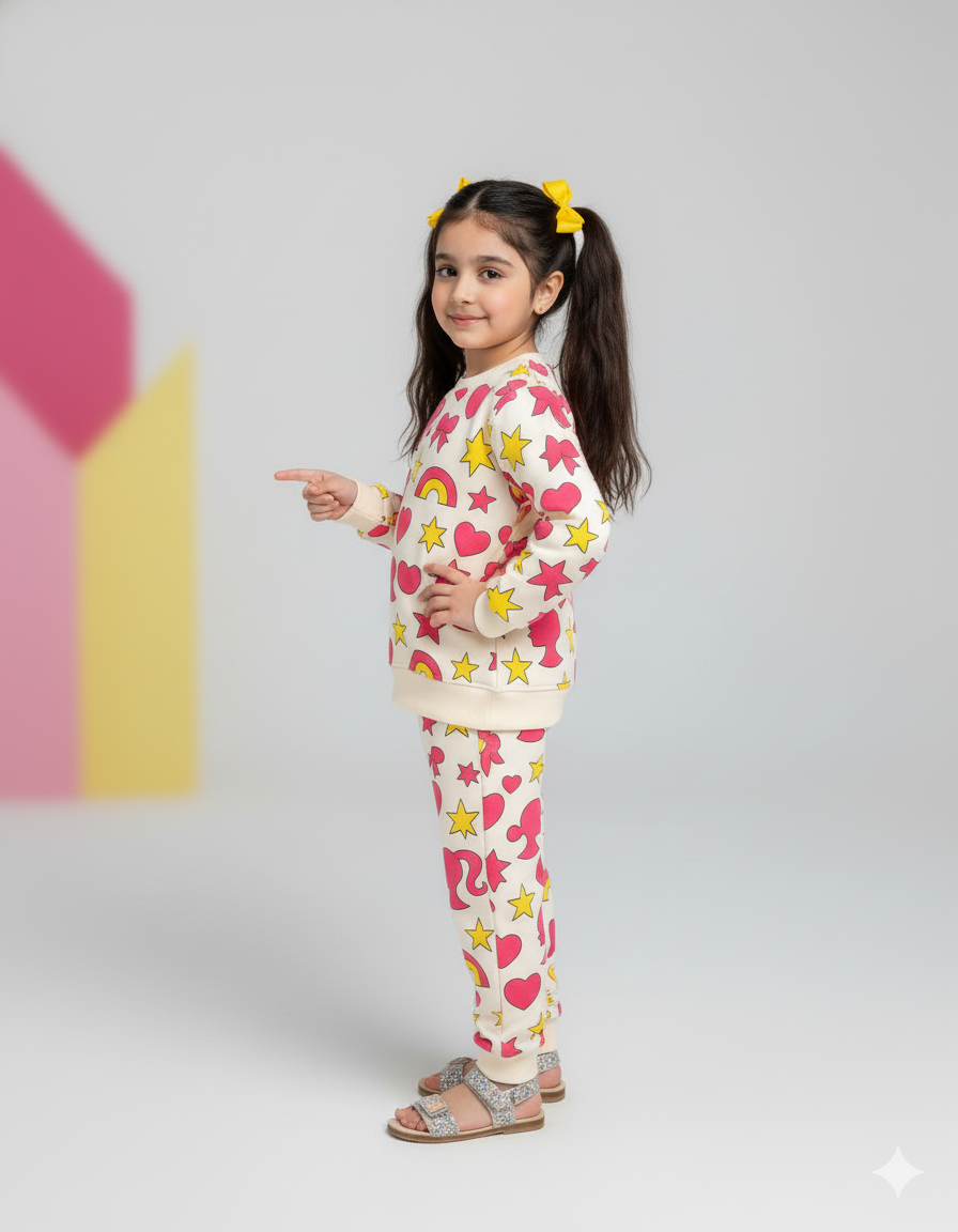 Girls Barbie Print Winter Tracksuit | Cute Heart, Star & Rainbow Printed Fleece Suit