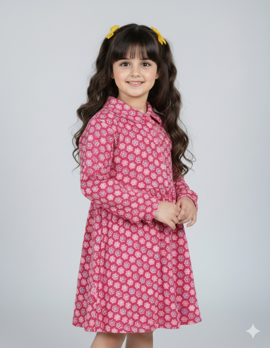 Girls Pink Floral Frock Coat | Long Sleeve Printed Winter Dress for Kids