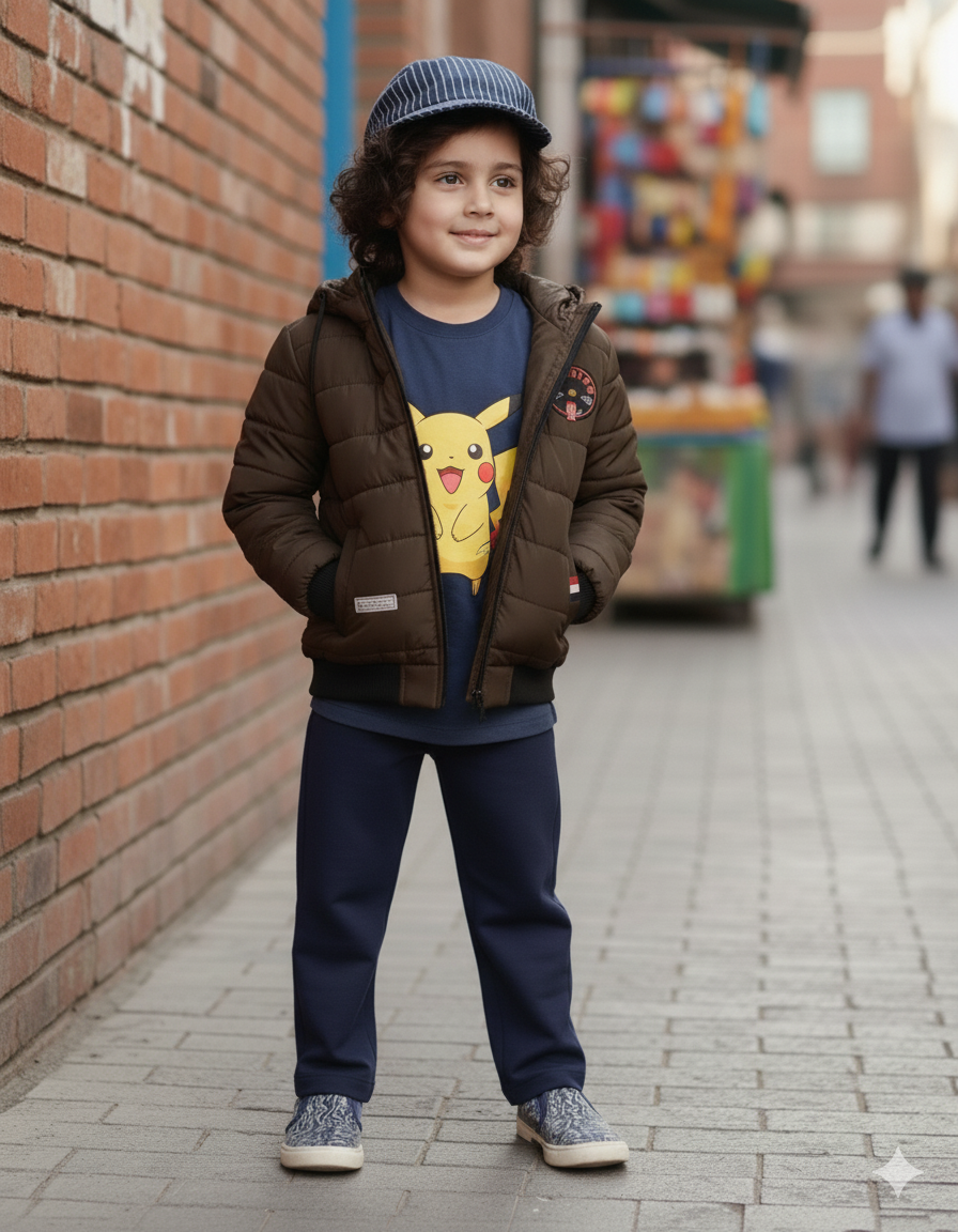Boys Brown Winter Puffer Jacket with Hood | Warm Quilted Coat for Kids