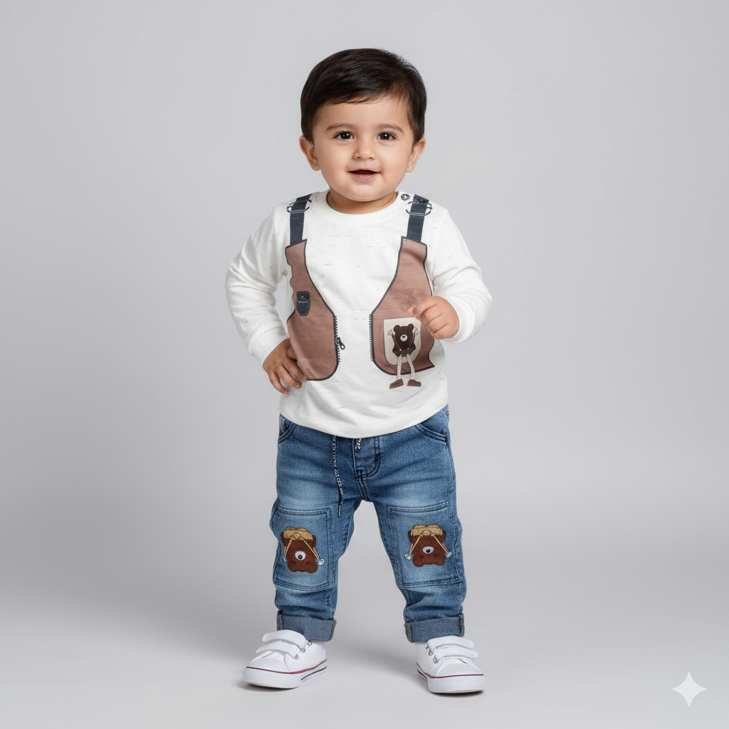 Boys Sweatshirt Tari fabric and denim pant set| Casual Kids Winter Outfit