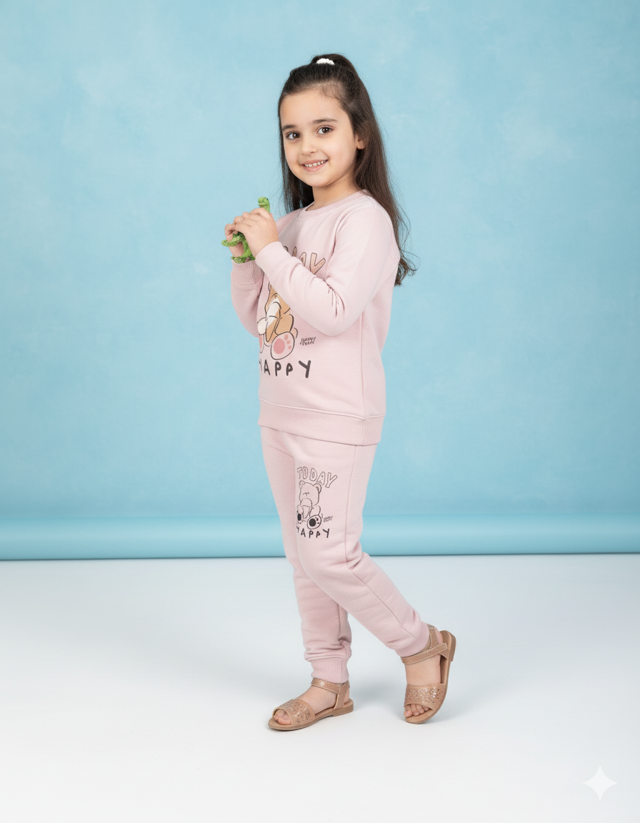 Kids Sweatshirt | Beige Teddy Bear Print “Today Happy” Outfit | Winter Wear for Boys & Girls