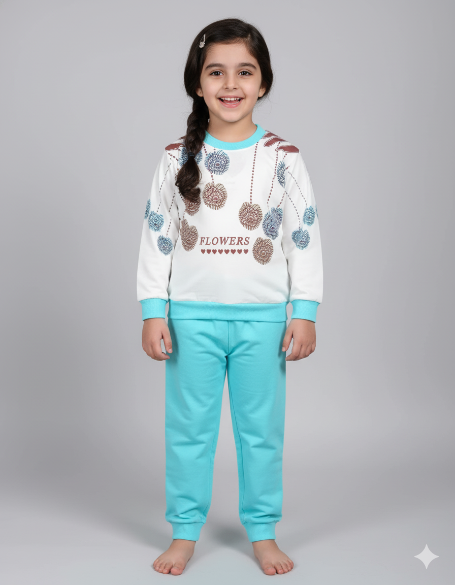 Tari fabric Floral Print Girls Winter Suit | Stylish Blue & White Sweatshirt and Trouser Set