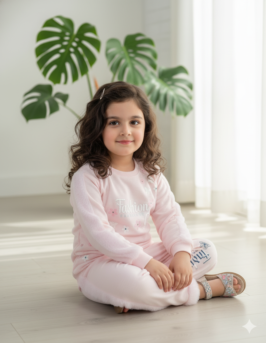 Soft Pink Fleece Two-Piece Set with Embroidered Detailing & Floral Design