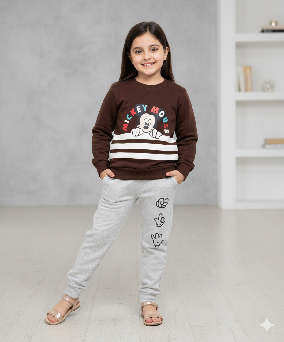 Kids Mickey Mouse Sweatshirt & Jogger Set | Brown & Grey Winter Outfit for Boys & Girls