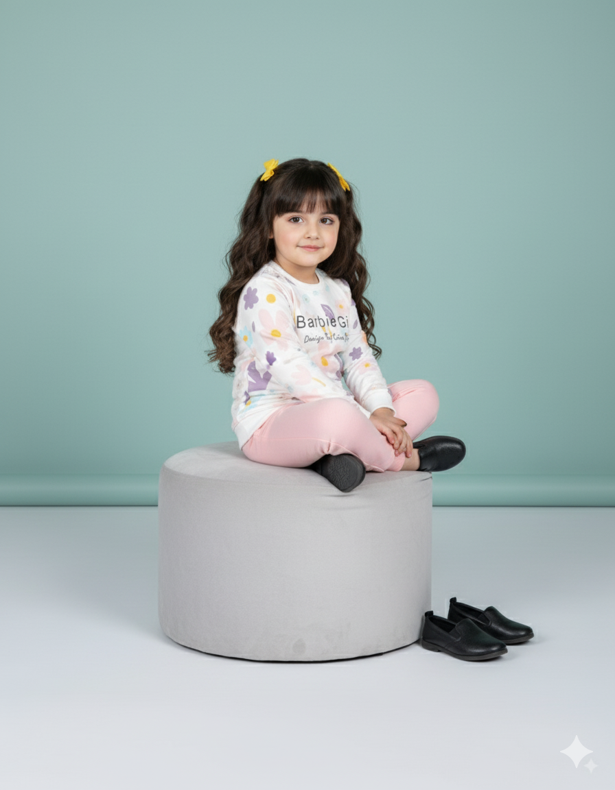 Barbie Girl Floral Printed Fleece Suit for Girls | Soft Winter Sweatshirt & Pajama Set