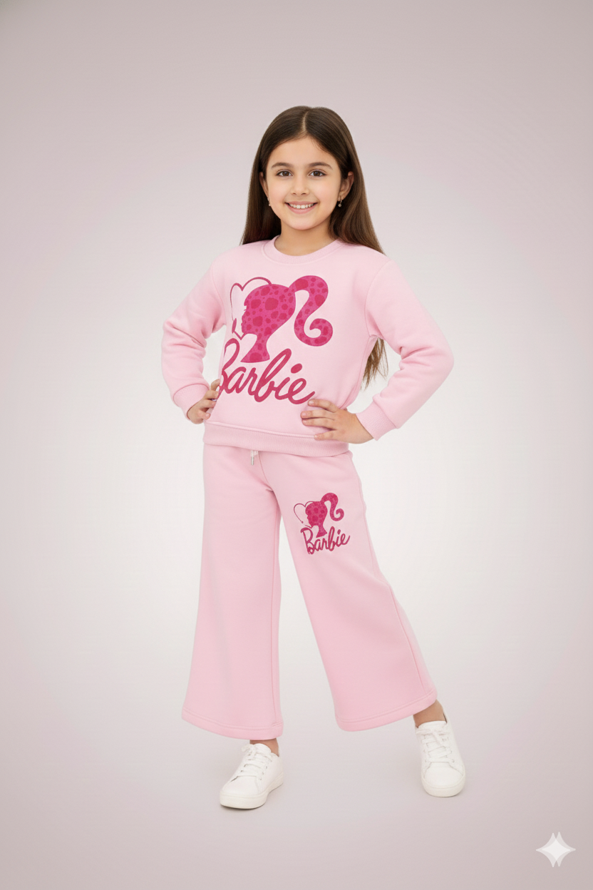 Girls Barbie Printed Winter Tracksuit | Soft Fleece Sweatshirt & Wide-Leg Trousers (Pink)