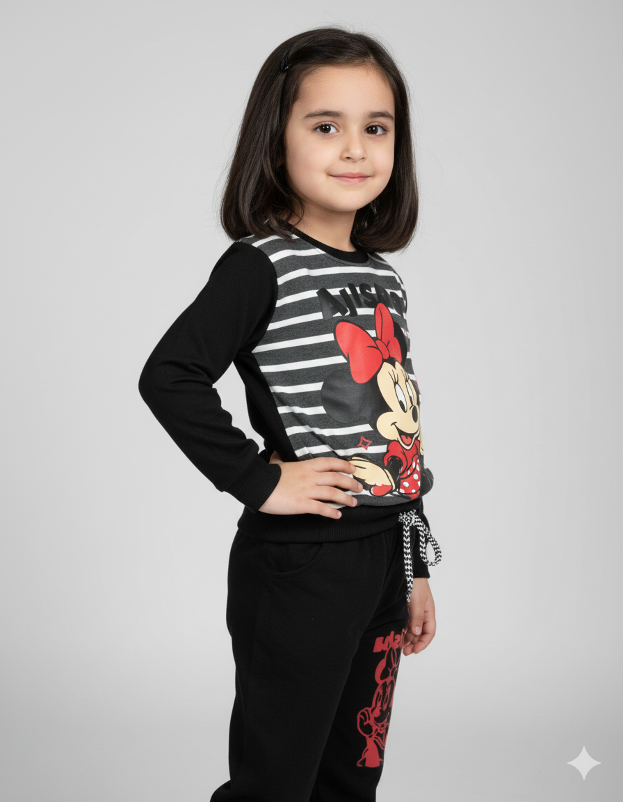Minnie Mouse Striped Black Winter Tracksuit for Girls | Warm Fleece Hoodie Set