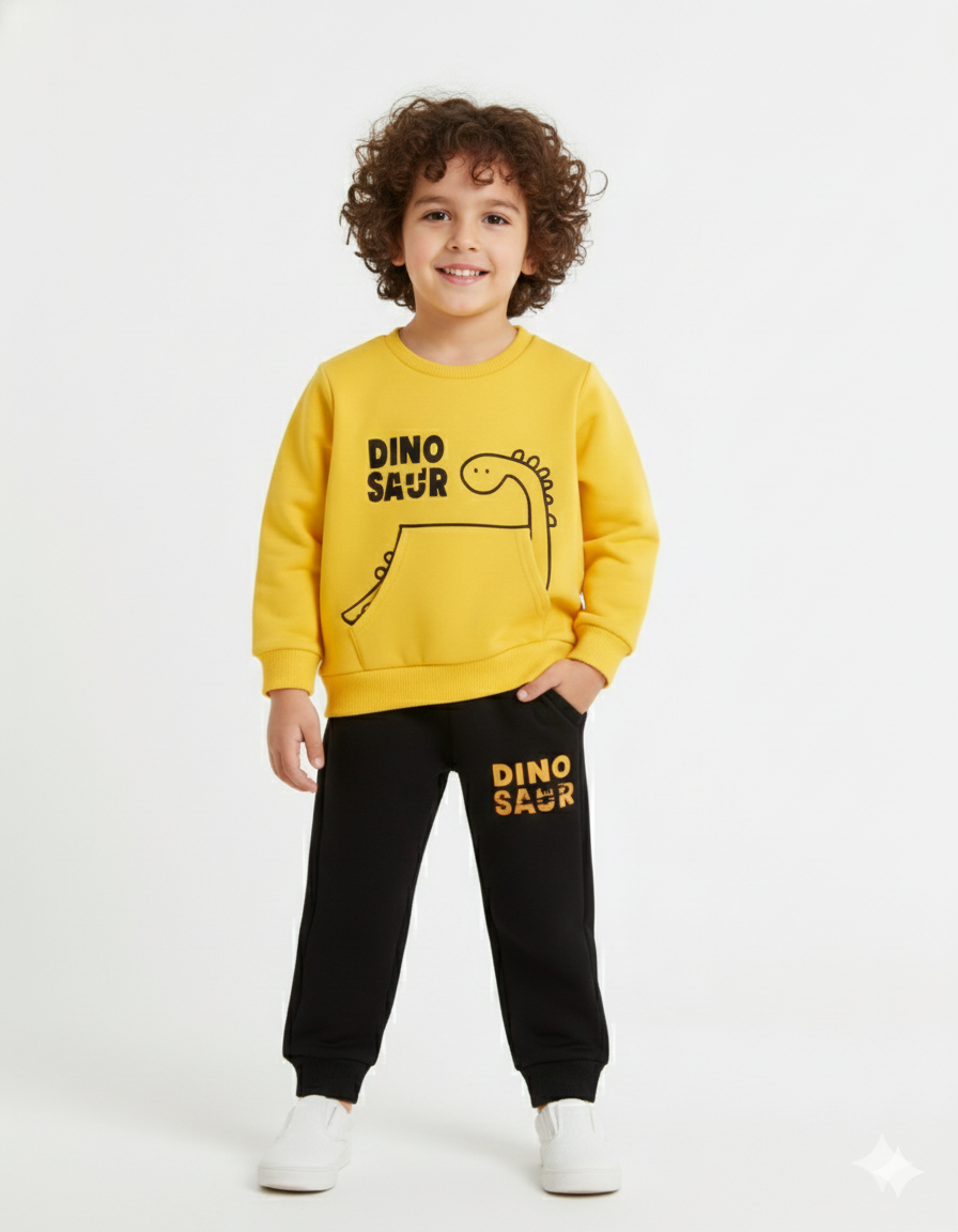 Boys Yellow Dinosaur Winter Tracksuit | Warm Fleece Sweatshirt Set