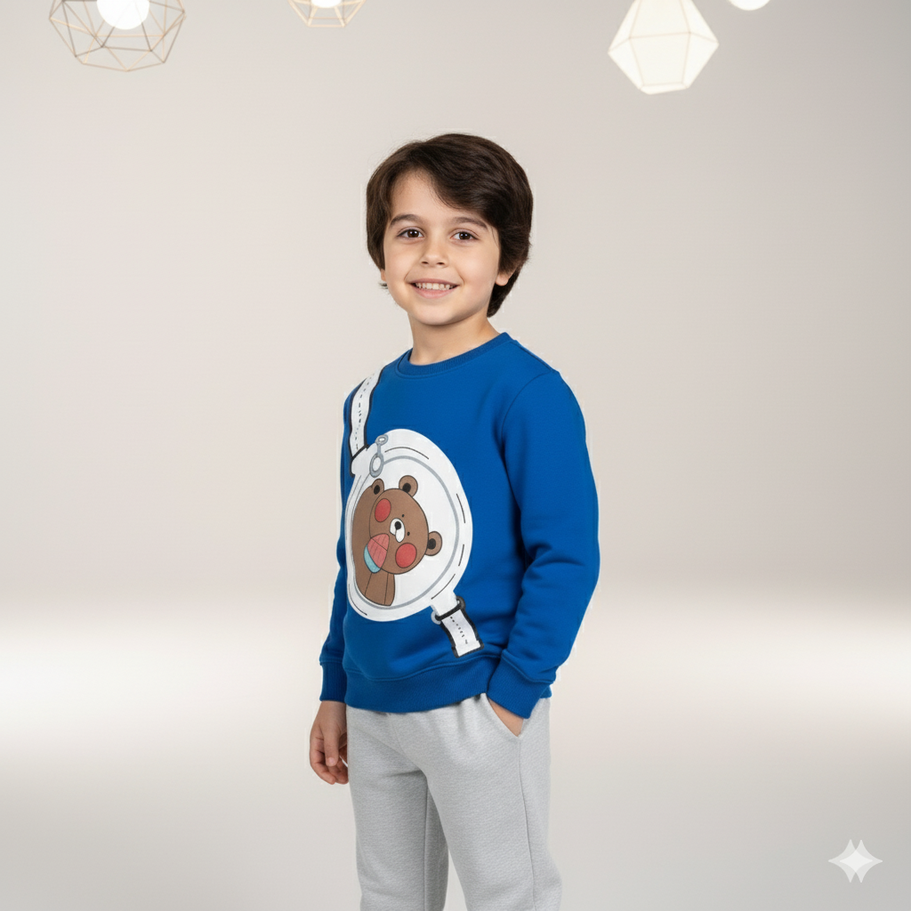 Kids Blue Bear Print Sweatshirt & Grey pant Set – Cute Winter Tracksuit for Boys & Girls